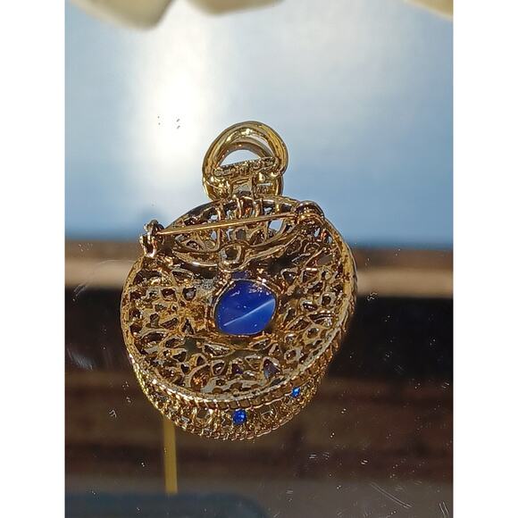 Charm Pin Pendant Big Blue Beautiful Stone Golden Charm Pin Brilliant Round Fun - Picture 4 of 11